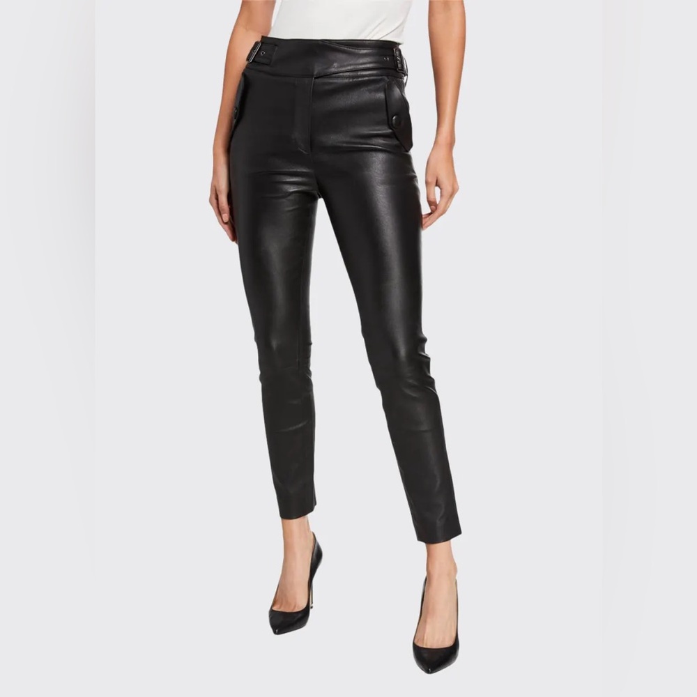 Veronica Beard Jania Buckle Detailed Black Lamb Leather Trousers Pants Sz 6